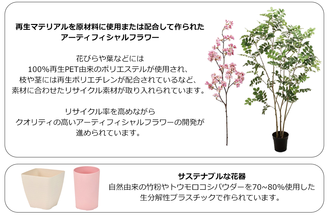 再生マテリアルを原材料に使用または配合して作られたアーティフィシャルフラワーとサステナブルな花器の画像