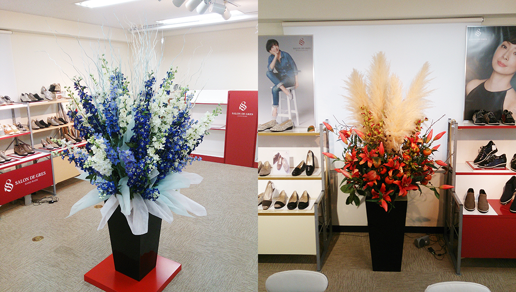靴の展示会の大型造花装飾